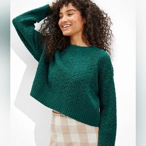 Ae | Chenille Pointelle Knit Cropped Sweater Green Womens Small S XS